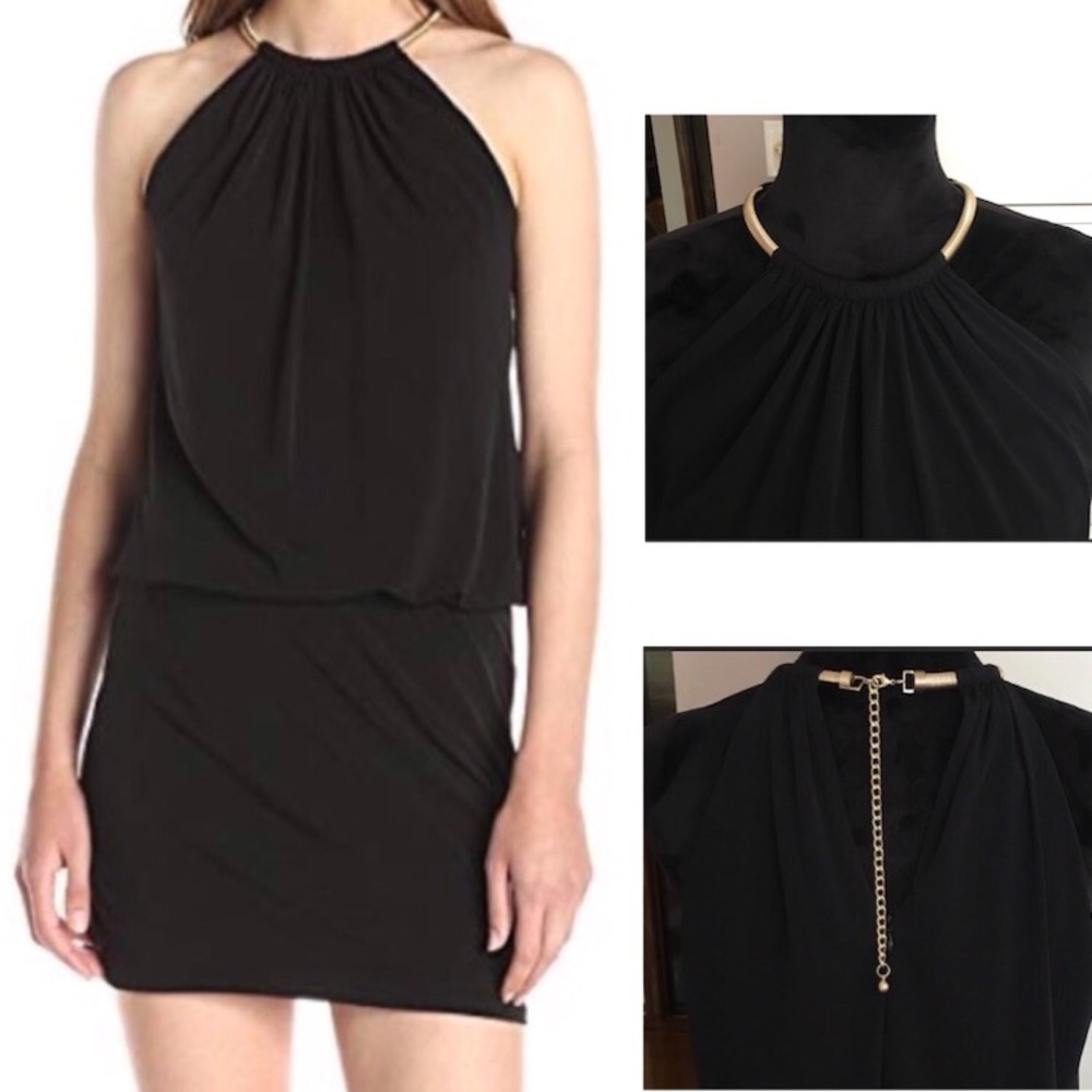 Jessica Simpson Black Gold Chain Halter Dress